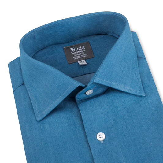 Tailored Fit Plain Denim Button Cuff Shirt in Blue Collar