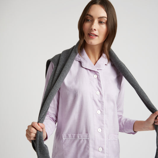 Plain Cotton and Cashmere Women's Pyjamas in Lilac on model details