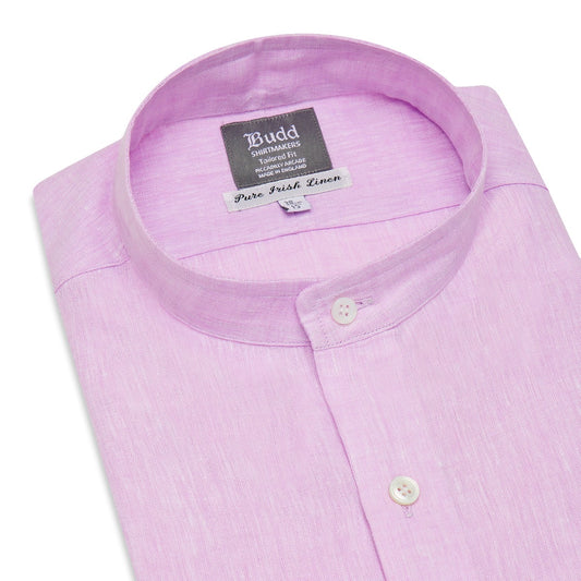 Tailored Fit Grandad Collar Linen Shirt in Mauve Collar