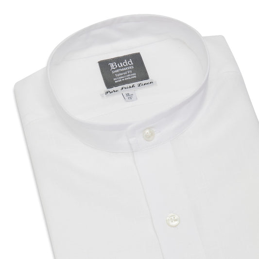 Tailored Fit Grandad Collar Linen Shirt in White