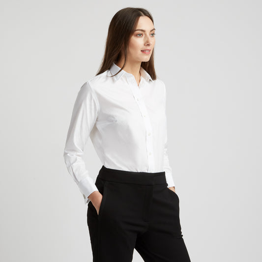 Buddette Poplin Double Cuff Shirt in White on model details