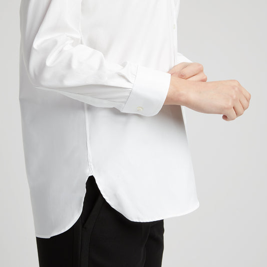 Grandad Pinpoint Button Cuff Shirt in White on model detail