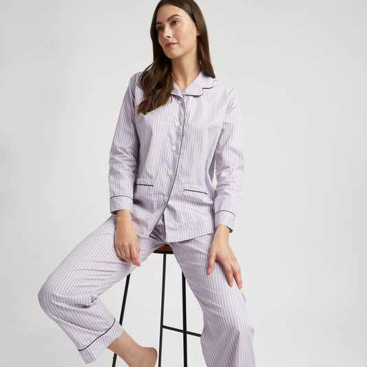 Exclusive Budd Stripe Women's Pyjamas in Lilac on model full
