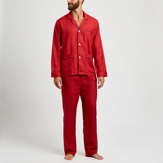 Tailored Fit Plain Silk Pyjamas in Red on model 