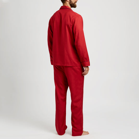 Tailored Fit Plain Silk Pyjamas in Red on model back