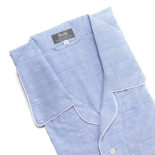 Chambray Check Cotton Nightshirt in Blue and White collar detail