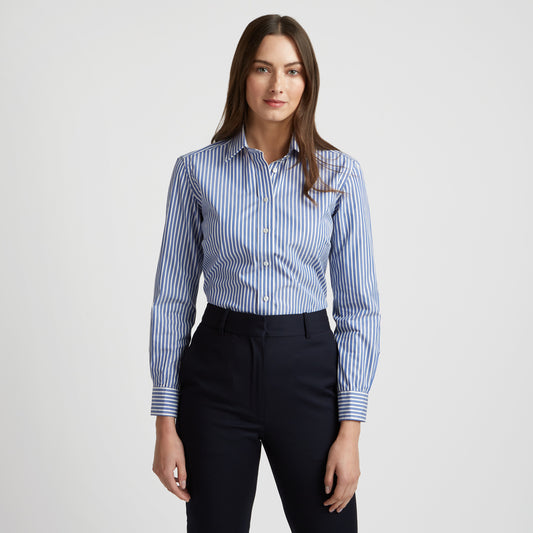 Buddette Exclusive Budd Stripe Double Cuff Shirt in Edwardian Blue on model 