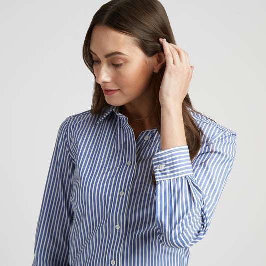 Buddette Exclusive Budd Stripe Double Cuff Shirt in Edwardian Blue on model detail
