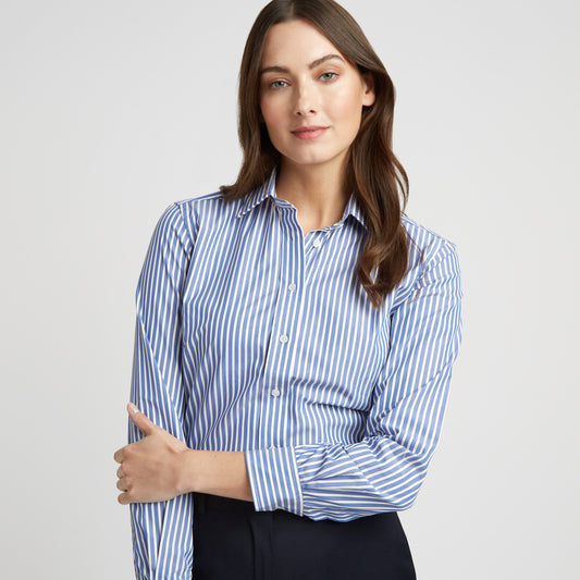 Buddette Exclusive Budd Stripe Double Cuff Shirt in Edwardian Blue on model front