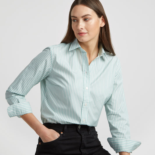 Buddette Exclusive Budd Stripe Double Cuff Shirt in Mint on model detail