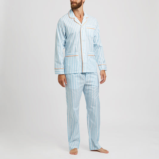 Tailored Fit Striped Batiste Pyjamas in Aqua and Orange on model 