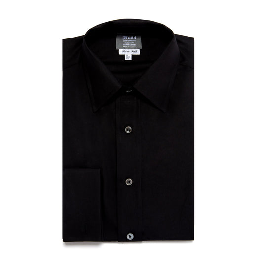 Tailored Fit Plain Silk Double Cuff Dress Shirt in Black