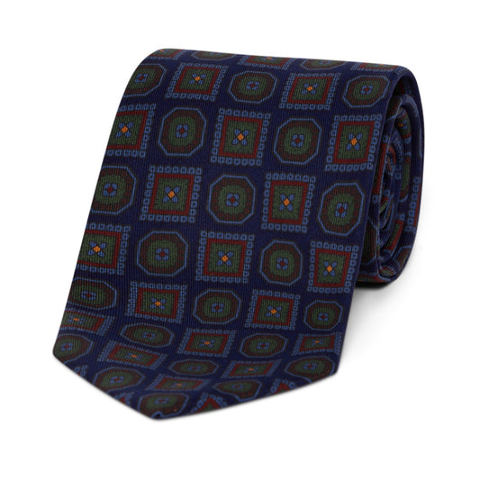 Square Medallion Madder Silk Tie in Blue and Green