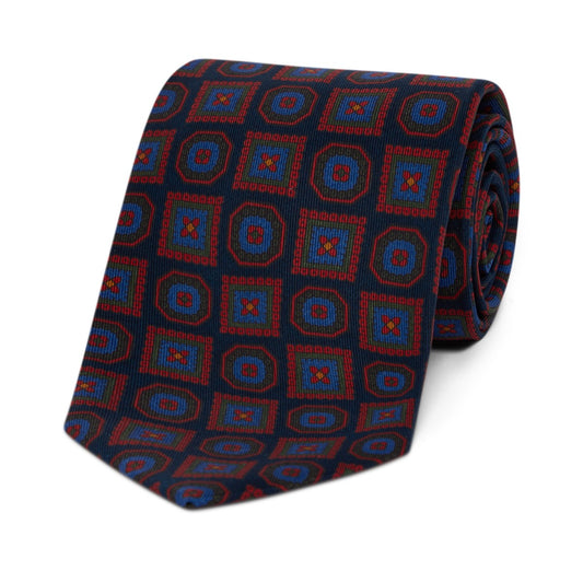 Square Medallion Madder Silk Tie in Navy and Red