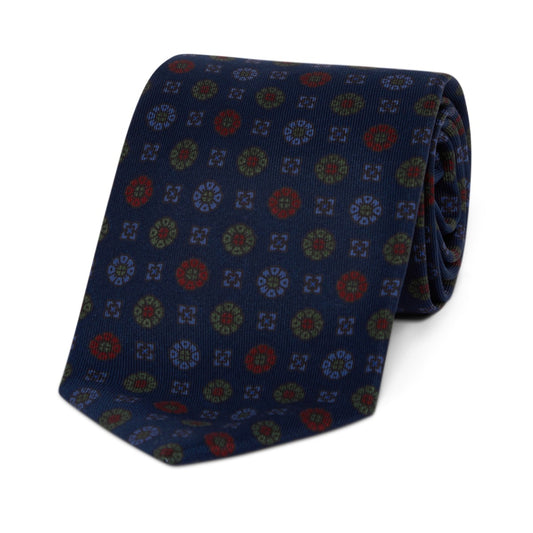 Contrast Floral Madder Silk Tie in Navy and Green
