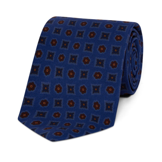Diamond Floral Madder Silk Tie in Blue and Navy