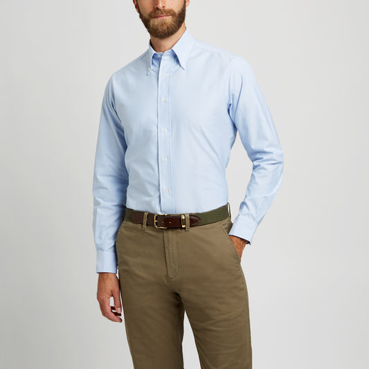 Tailored Fit Button Down Oxford Shirt in Sky Blue on model front