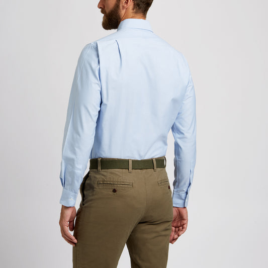 Tailored Fit Button Down Oxford Shirt in Sky Blue on model back