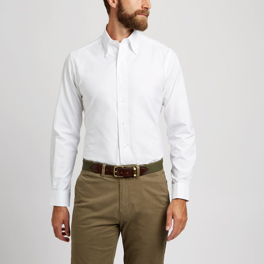 Tailored Fit Button Down Oxford Shirt in White on model 