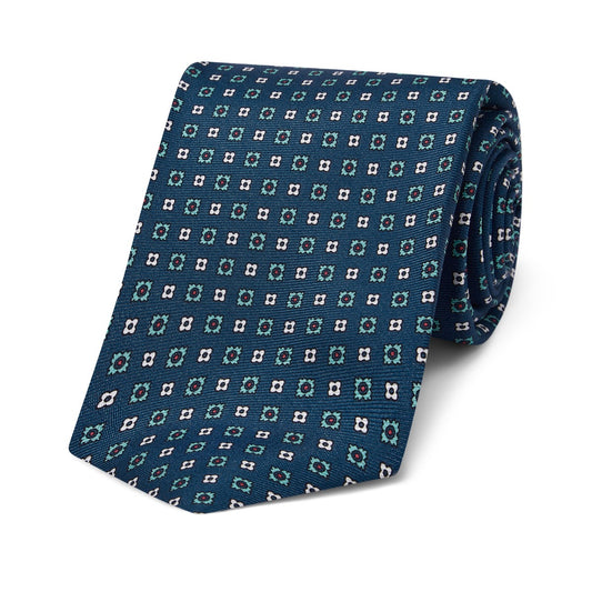 Geometric Floral Seven Fold Silk Tie in Blue