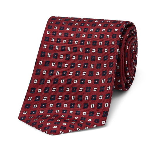 Geometric Floral Seven Fold Silk Tie in Red