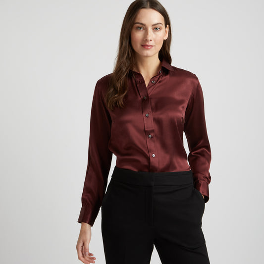 Buddette Silk Button Cuff Shirt in New Claret on model front