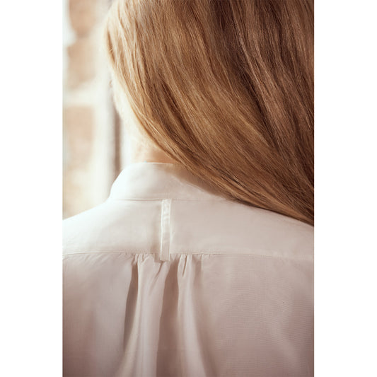 George Plain Silk Neck Band Dress Shirt in Cream Back Detail on Model