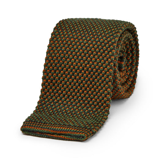 Birdseye Knitted Wool Tie in Green and Orange