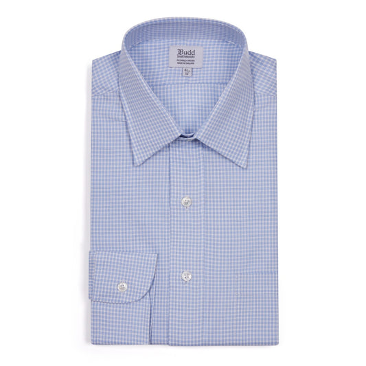 Classic Fit Grid Check Fine Twill Button Cuff Shirt in Sky Blue