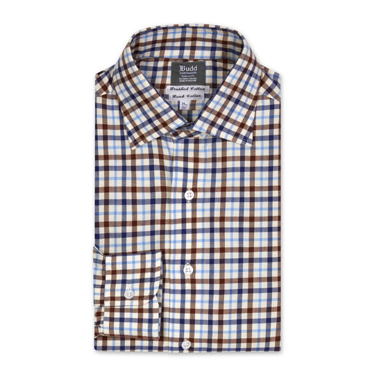 Tailored Fit Check Brushed Cotton Button Cuff Shirt in Navy and Brown