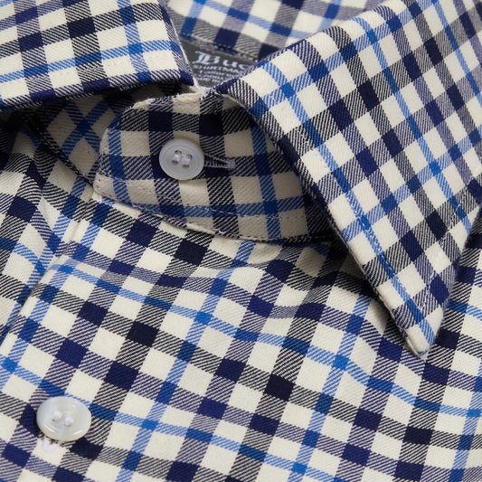 Tailored Fit Check Brushed Cotton Button Cuff Shirt in Navy and Blue Collar Detail