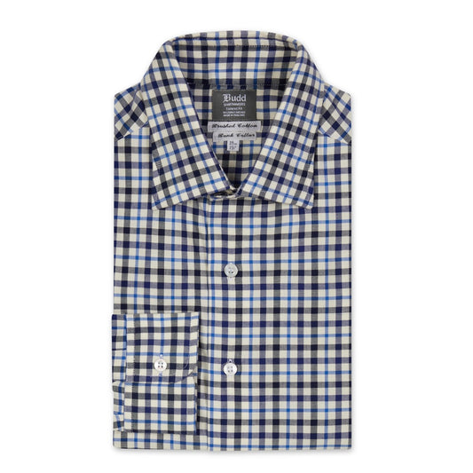 Tailored Fit Check Brushed Cotton Button Cuff Shirt in Navy and Blue
