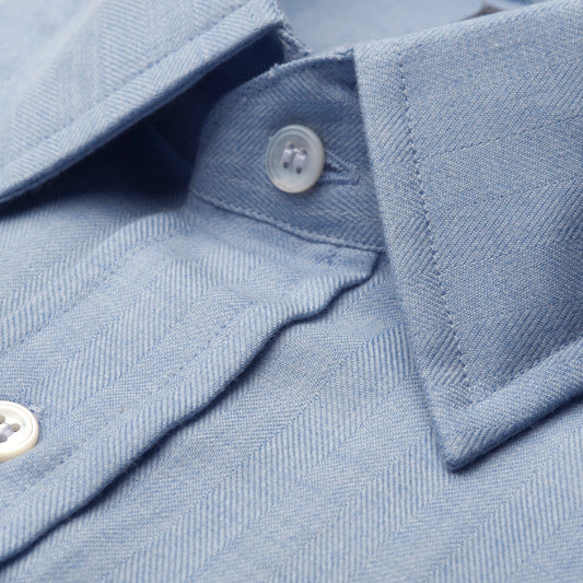 Tailored Fit Small Herringbone Cotton and Cashmere Button Cuff Shirt in Sky Blue