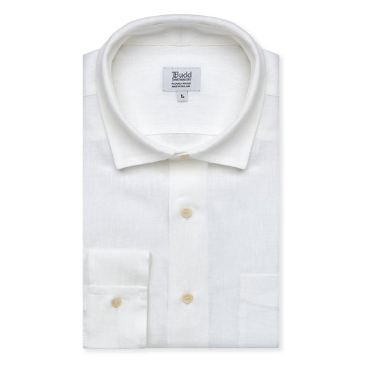 Casual Fit Plain Linen Button Cuff Shirt in White