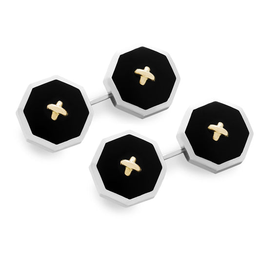 18 Carat Gold Cross Sterling Silver Octagonal Cufflinks in Onyx