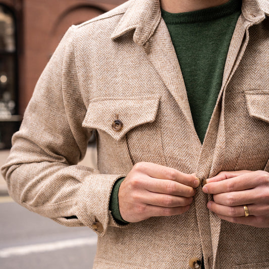 Herringbone Wool Button Cuff Safari Shirt in Natural on model detail
