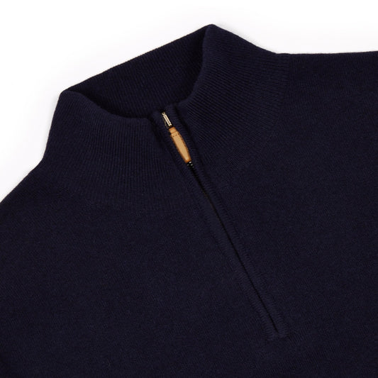 Plain Wool Quarter Zip Jumper in Dark Navy Collar Detail