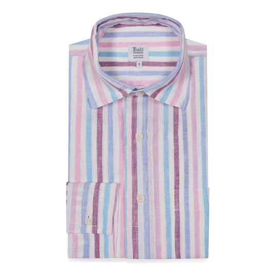 Casual Stripe Linen Shirt in White, Blue and Pink