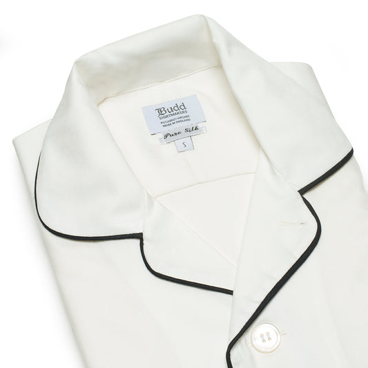 Plain Silk Pyjama Shirt in Cream Collar Detail