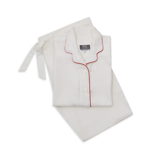 Exclusive Herringbone Cotton and cashmere women's pyjamas in white with red trim