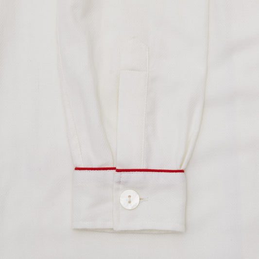 Exclusive Herringbone Cotton and cashmere women's pyjamas in white with red trim cuff detail