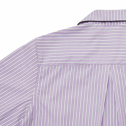 Exclusive Budd Stripe women's pyjamas in lilac neck detail
