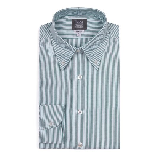 Tailored Fit Button Down Stripe Oxford Shirt in Green and White