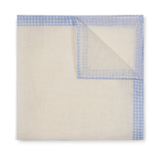 Ivory Linen Pocket Square with Houndstooth Edge in Sky