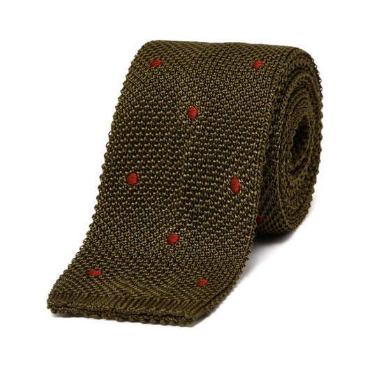 Silk Knitted Tie in Khaki with Red Spot