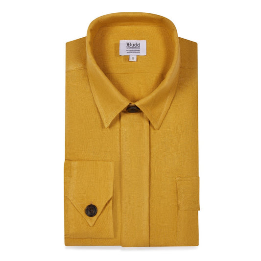 Plain Linen Button Cuff Safari Shirt in Yellow