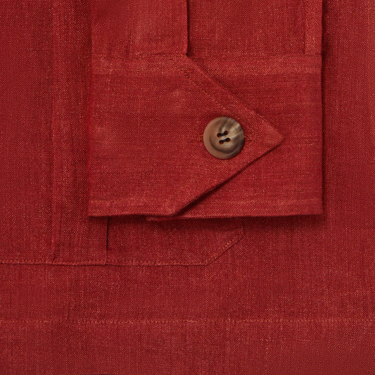 Plain Linen Button Cuff Safari Shirt in Terracotta Red cuff