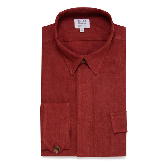 Plain Linen Button Cuff Safari Shirt in Terracotta Red folded
