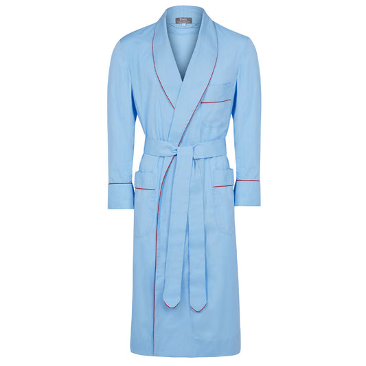 Plain Cotton Poplin Dressing Gown in Blue with Red Trim