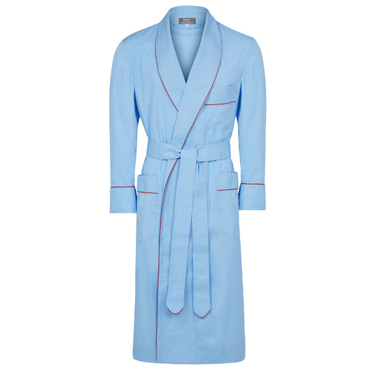 Plain Cotton Poplin Dressing Gown in Blue with Red Trim – Budd Shirtmakers Ltd